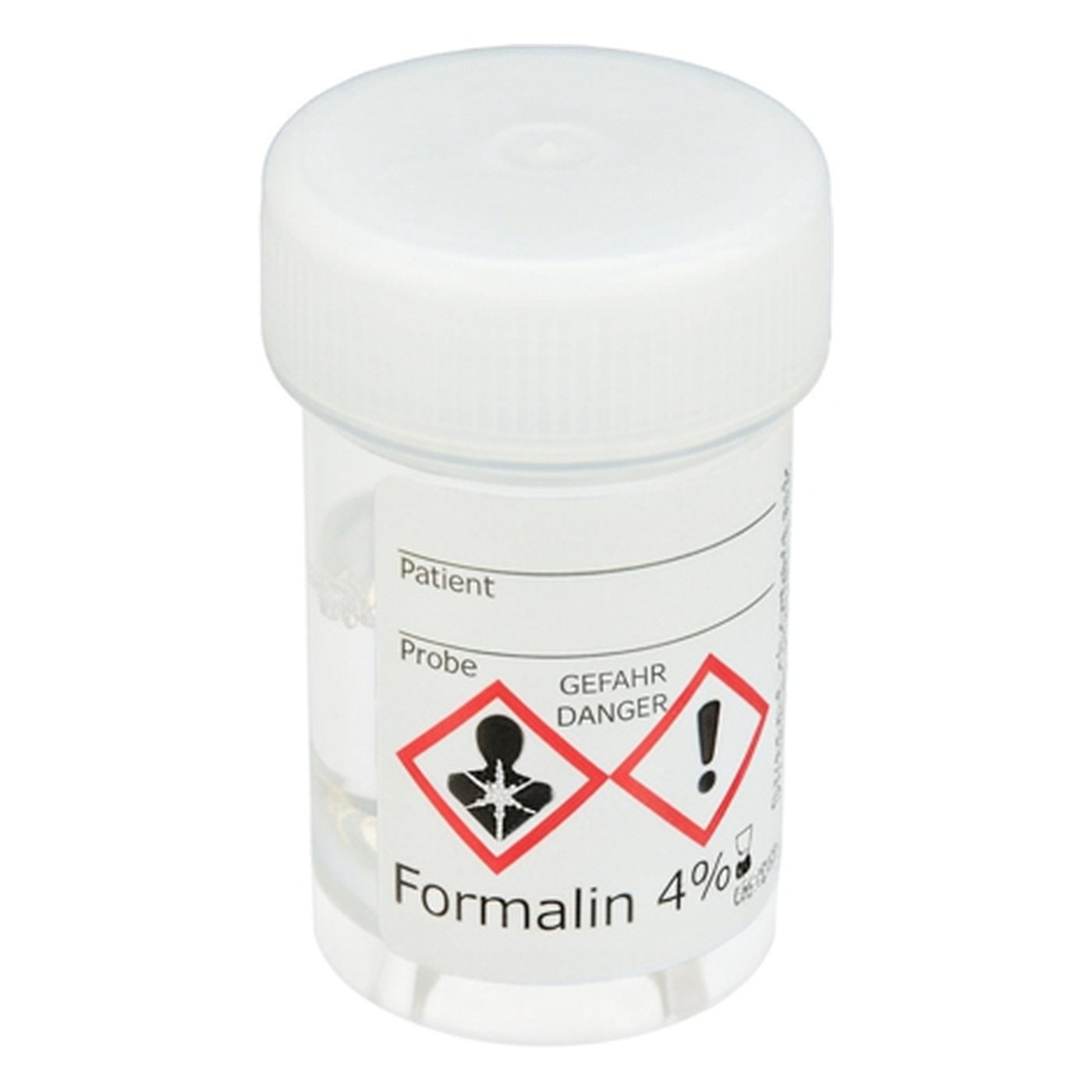 Plastic screw-top container, 20 ml, 50% filled with 4% formalin