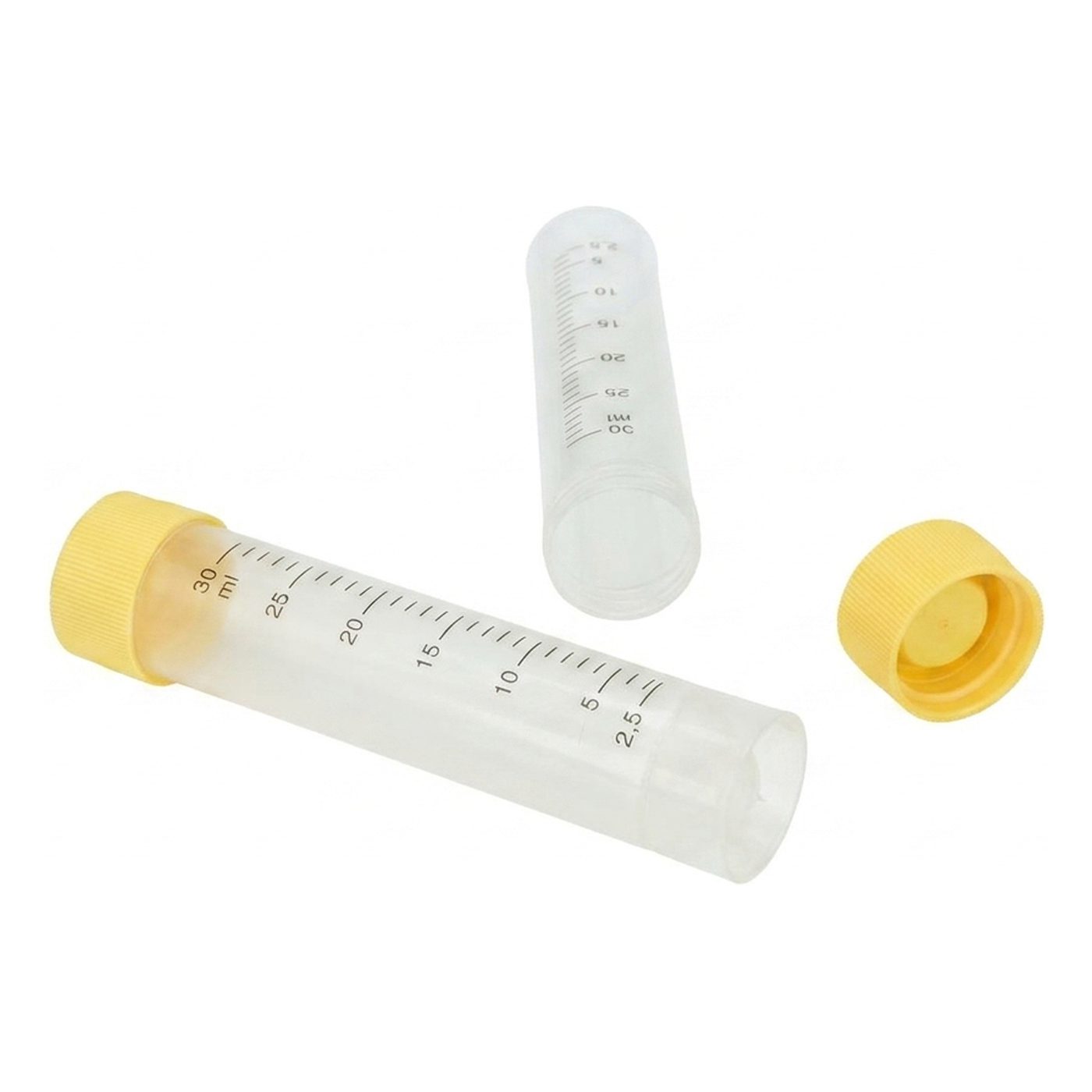 Specimen container, Ø 24 x 107 mm, for urine, yellow lid, graduated