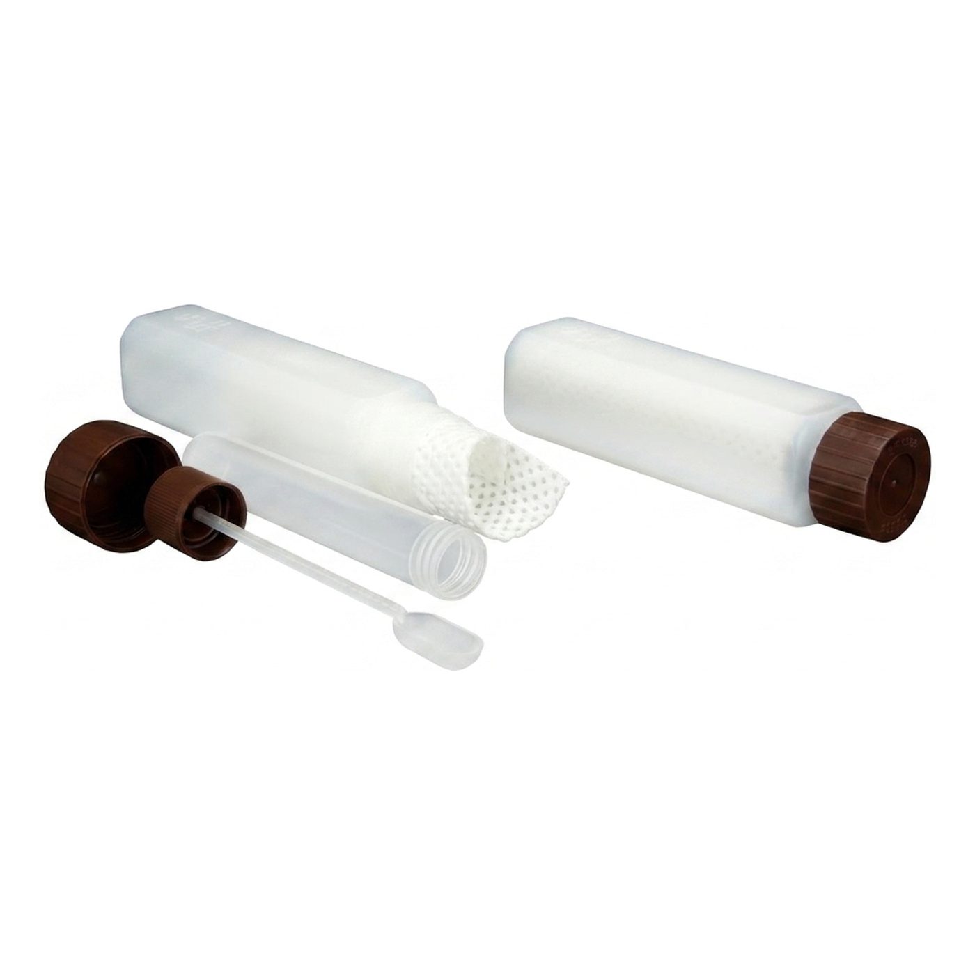 Shipping container for stool, complete set with specimen container, brown cap